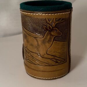 PYMSA Mexican Genuine Leather Felt Lined Dice Cup With Storage Deer Nature